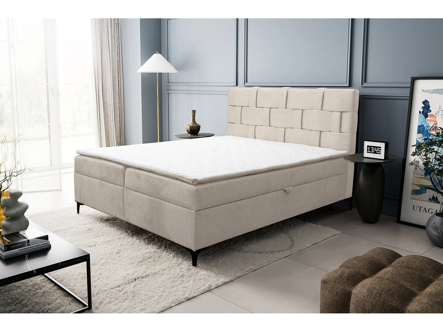 Lit boxspring Charlotte avec 2 coffres de rangement, lit rembourré Dimensions: 180 x 200 cm, couleur: beige, tissu velours