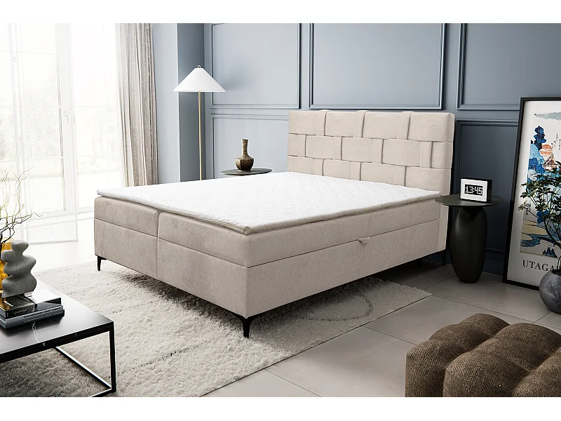Boxspringbed Charlotte met 2 bedbakken, gestoffeerd bed Afmetingen: 180x200 cm, kleur: beige, veloursstof, tweepersoonsbed met Bonell-matras incl. topper