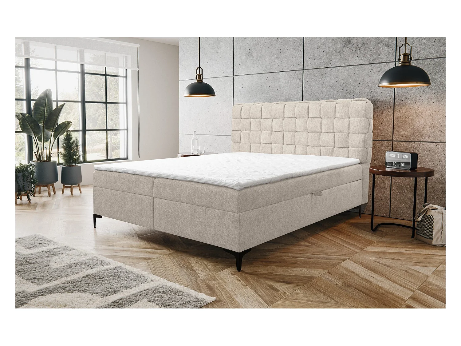 Lit boxspring Roma avec 2 coffres de rangement, lit rembourré Dimensions: 160x200, couleur: beige, tissu velours