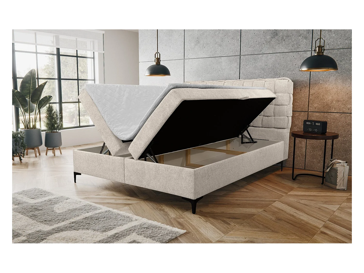Lit boxspring Roma avec 2 coffres de rangement, lit rembourré Dimensions: 160x200, couleur: beige, tissu velours