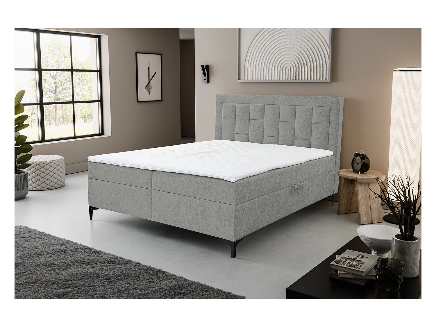 Lit boxspring VENEZIA avec 2 coffres de rangement, lit rembourré Dimensions: 140x200 cm, couleur: gris, tissu velours
