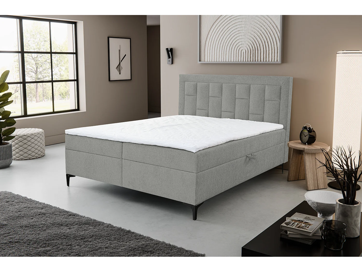 Lit boxspring VENEZIA avec 2 coffres de rangement, lit rembourré Dimensions: 140x200 cm, couleur: gris, tissu velours