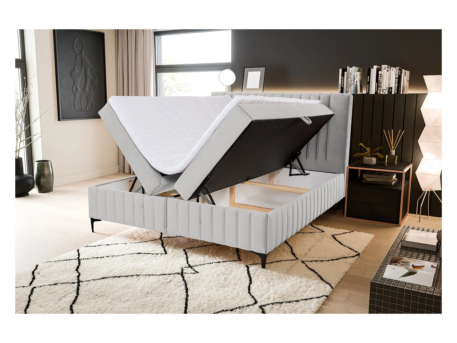 Lit boxspring QUANT avec 2 coffres de rangement, lit rembourré Dimensions: 140x200, couleur: beige, tissu velours