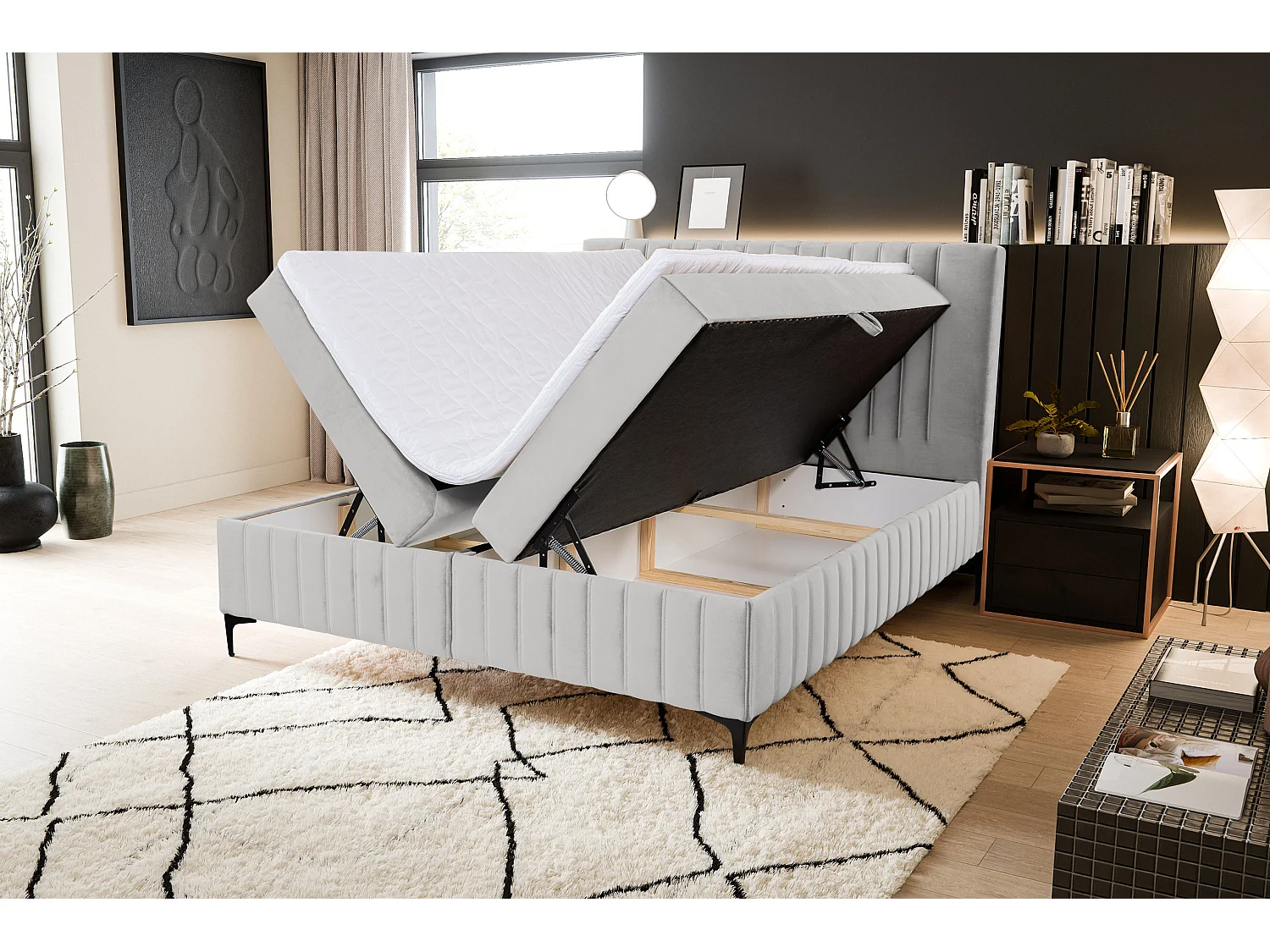 Lit boxspring QUANT avec 2 coffres de rangement, lit rembourré Dimensions: 140x200, couleur: beige, tissu velours