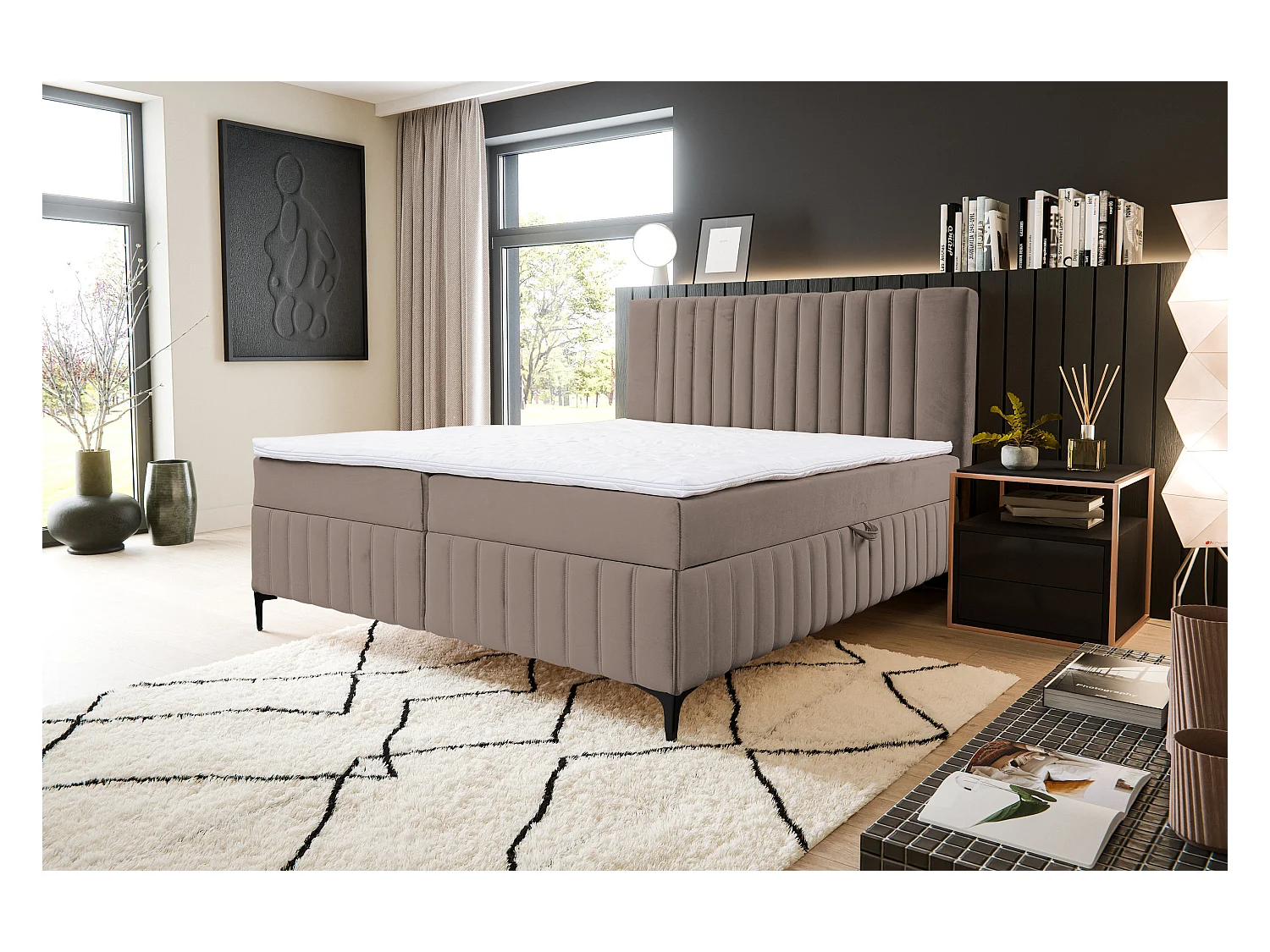 Boxspringbett QUANT mit 2 Bettkästen, Polsterbett Maße: 180x200, Farbe: Braun, Velourstoff, Doppelbett mit Bonell-Matratze inkl. Topper