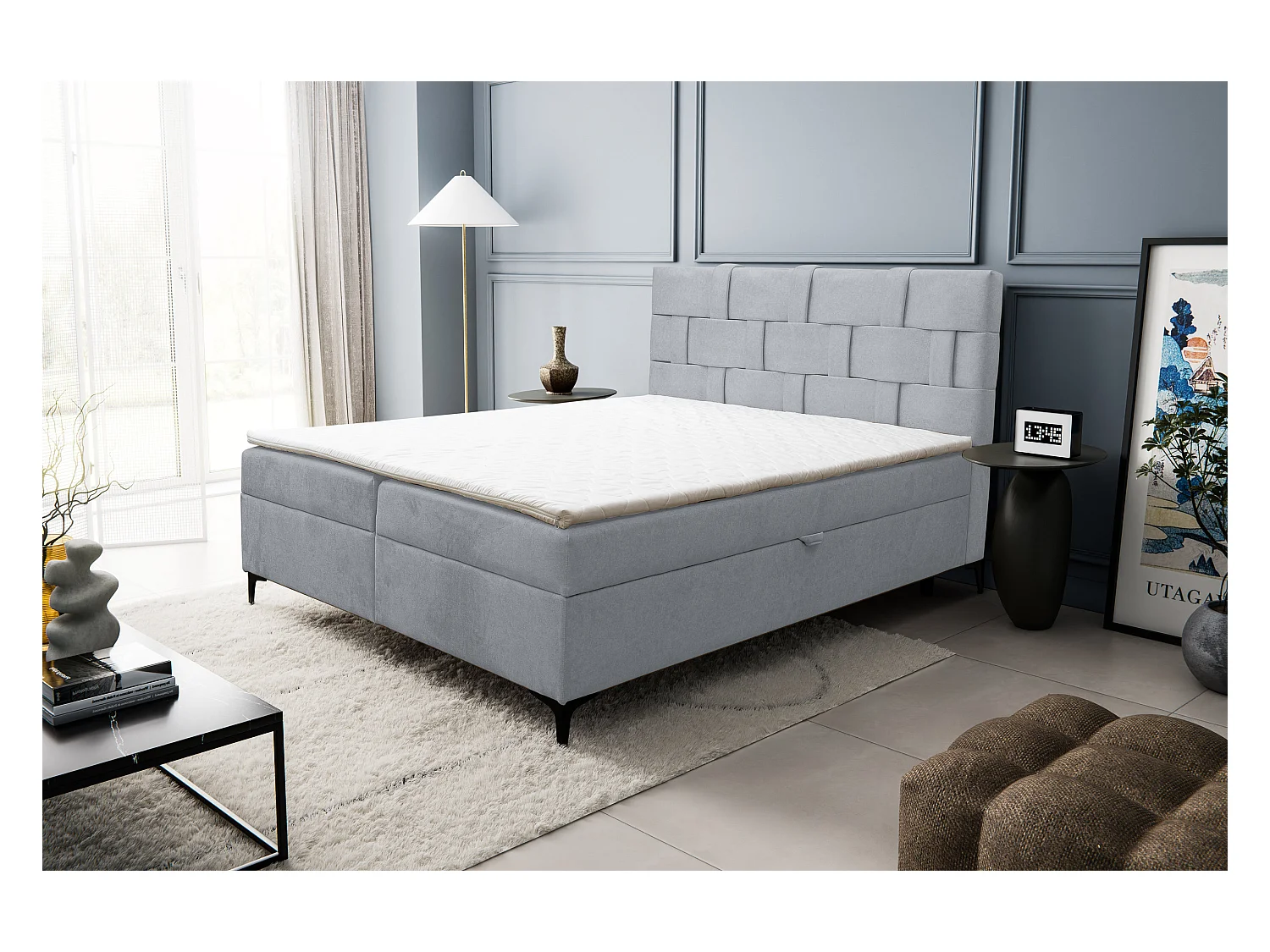 Lit boxspring Charlotte avec 2 coffres de rangement, lit rembourré Dimensions: 180x200 cm, couleur: gris, tissu velours