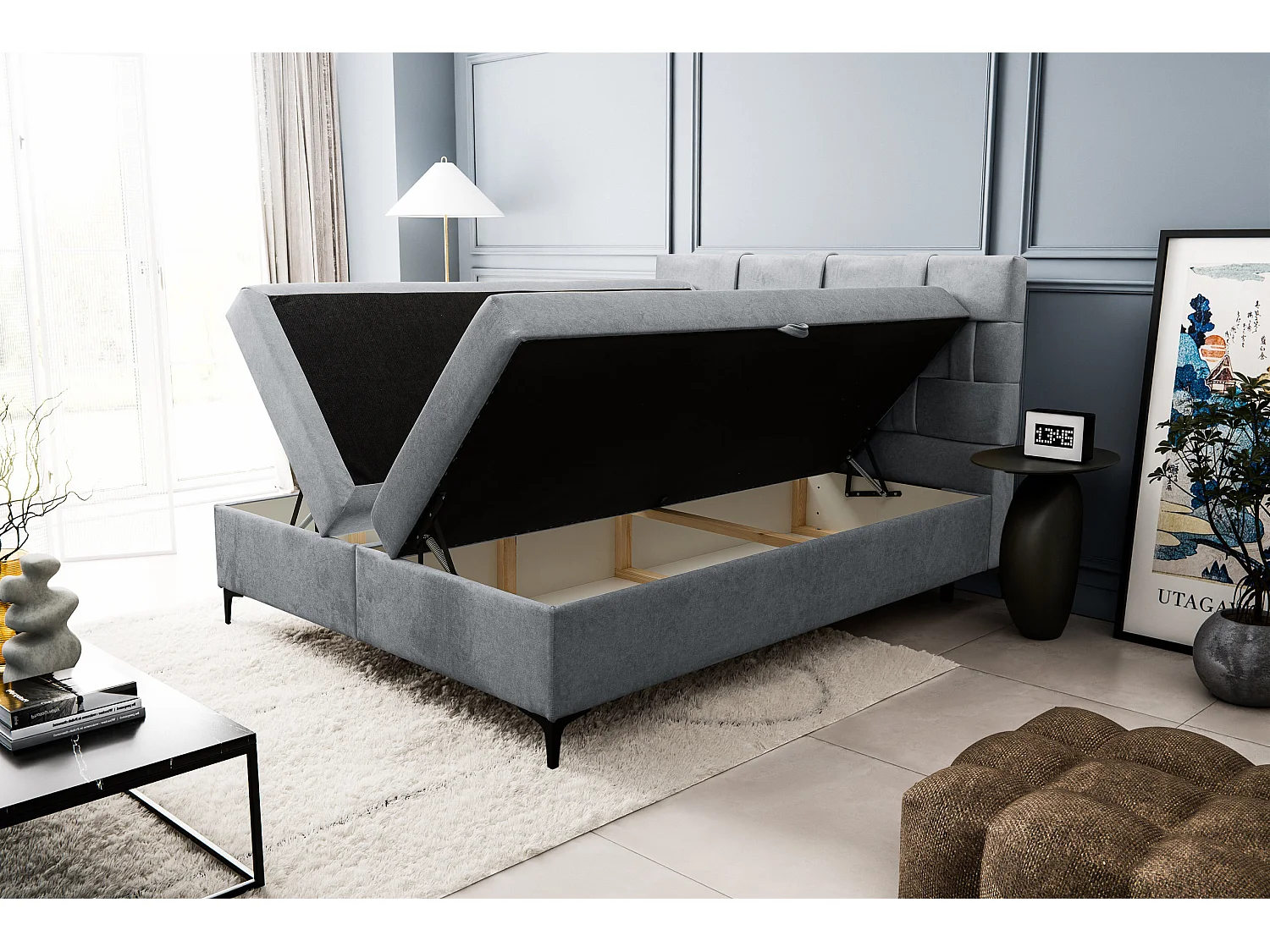 Lit boxspring Charlotte avec 2 coffres de rangement, lit rembourré Dimensions: 180x200 cm, couleur: gris, tissu velours