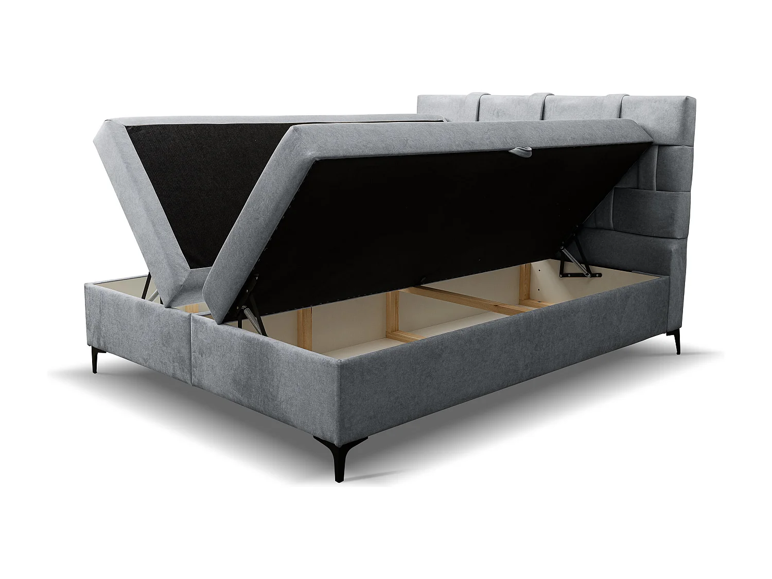 Lit boxspring Charlotte avec 2 coffres de rangement, lit rembourré Dimensions: 180x200 cm, couleur: gris, tissu velours