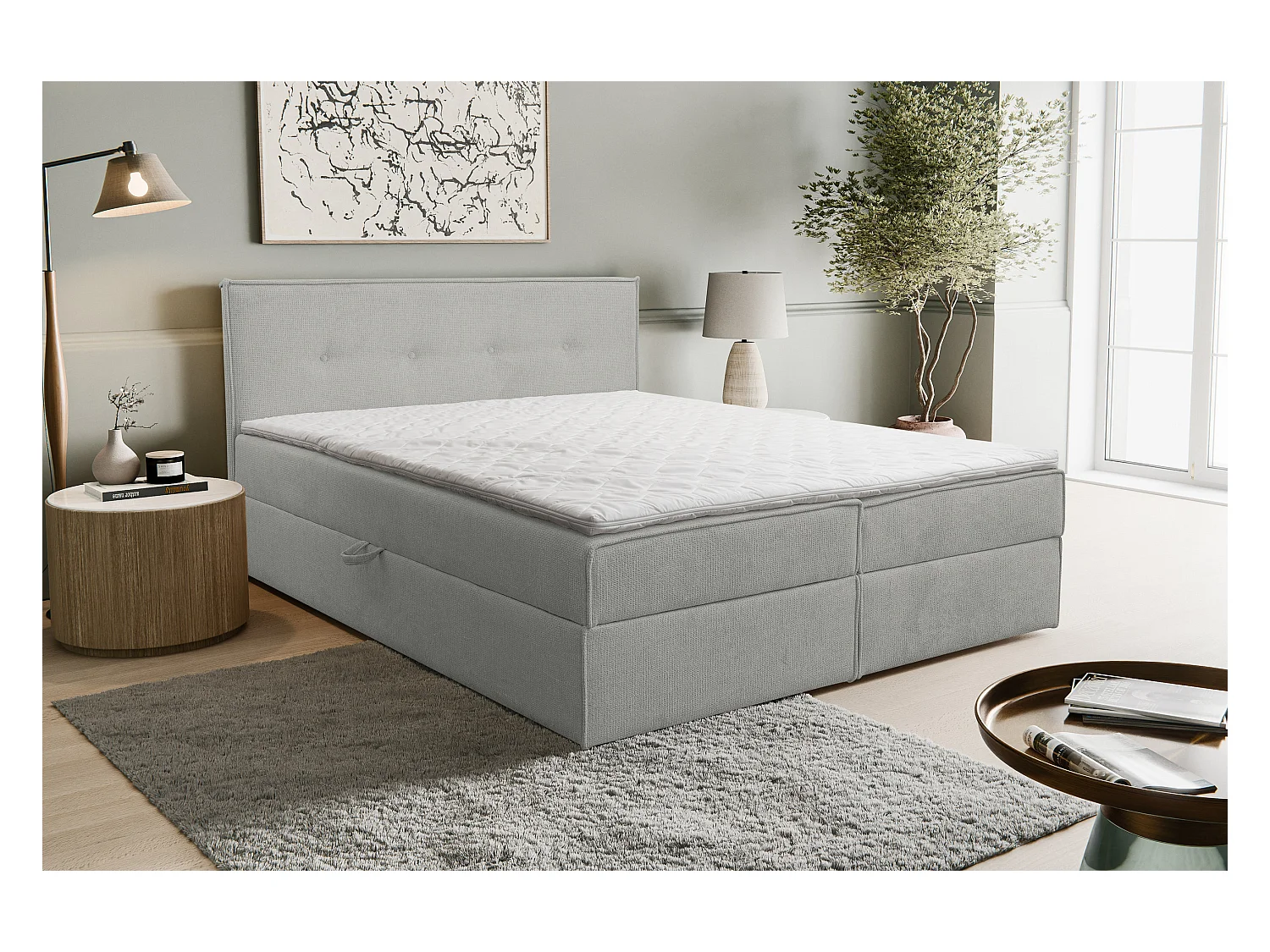Boxspringbett Calido mit 2 Bettkästen, Polsterbett Maße: 180x200, Farbe: Grau, Strukturstoff, Doppelbett mit Bonell-Matratze inkl. Topper