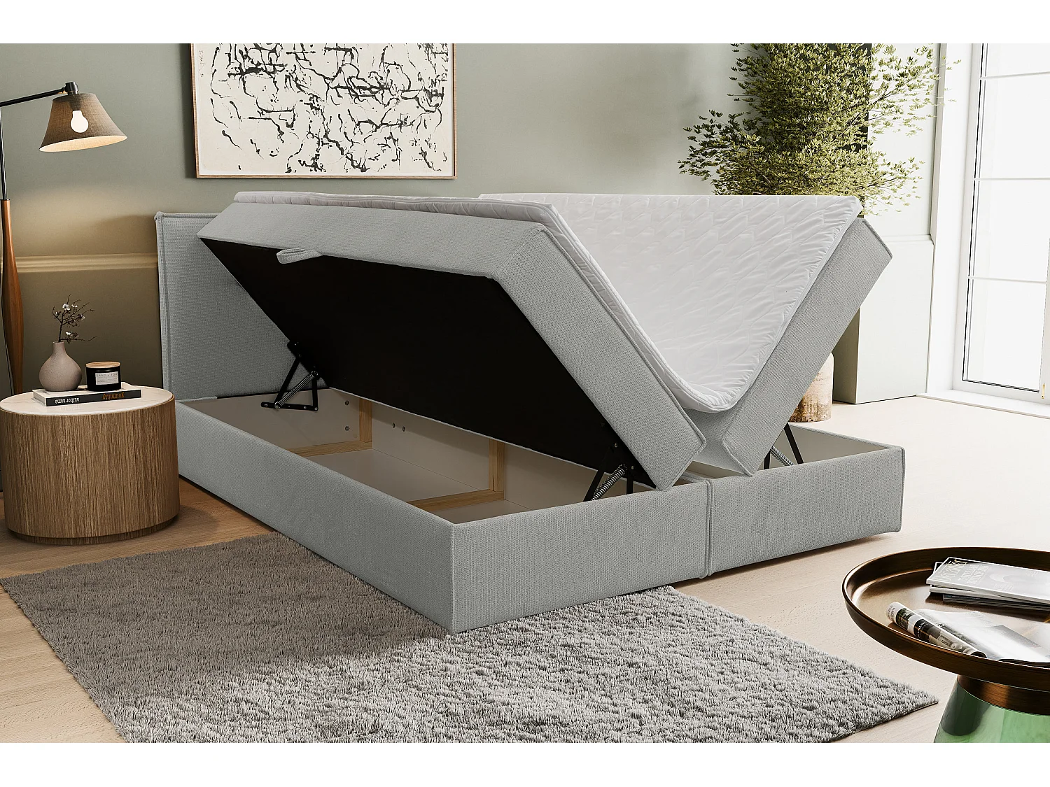 Lit boxspring Calido avec 2 coffres de rangement, lit rembourré Dimensions: 180x200, couleur: gris, tissu structuré