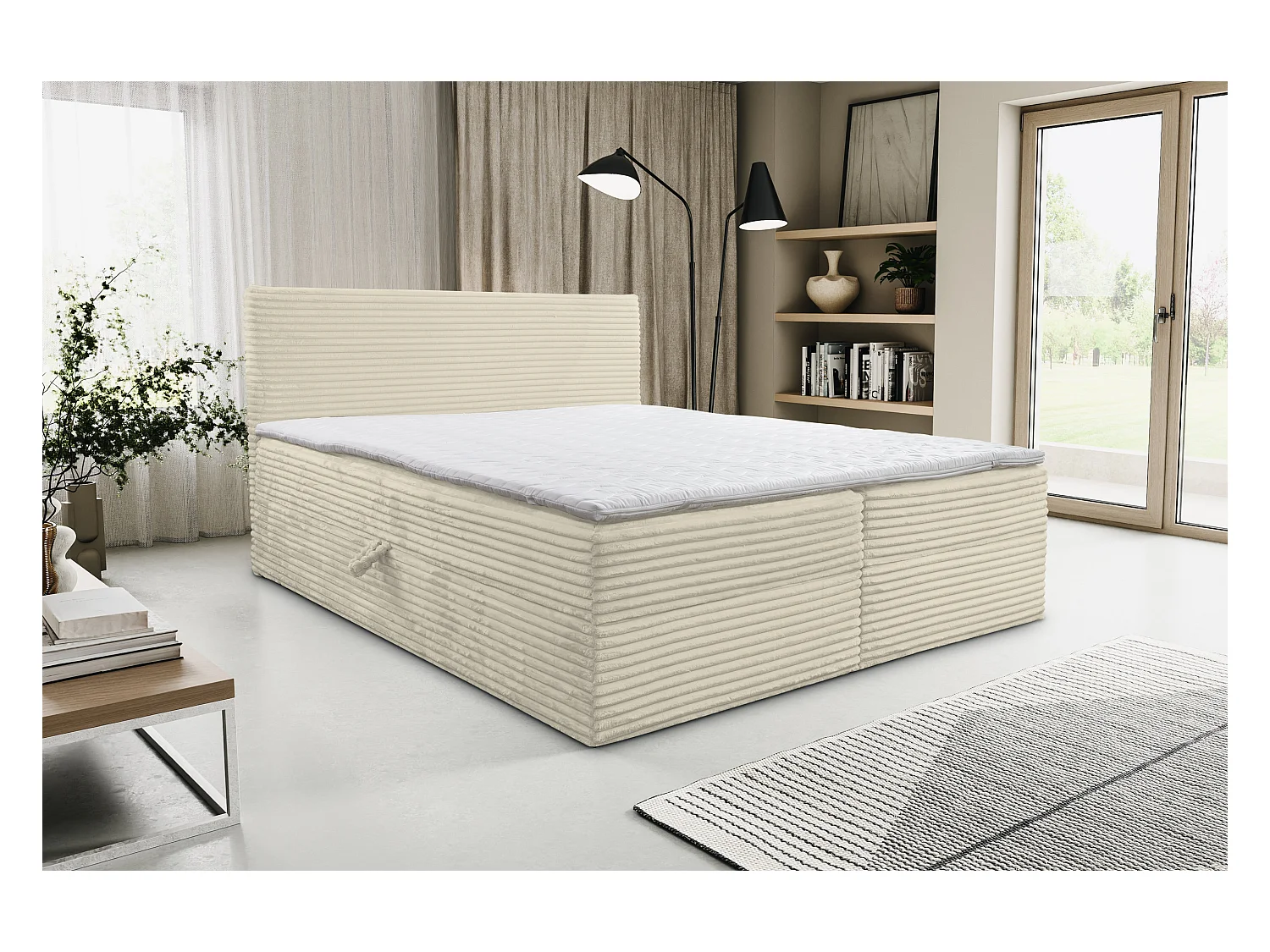 Boxspringbett Tilly mit 2 Bettkästen, Polsterbett Maße: 160x200, Farbe: Beige, Cordstoff, Doppelbett mit Bonell-Matratze inkl. Topper