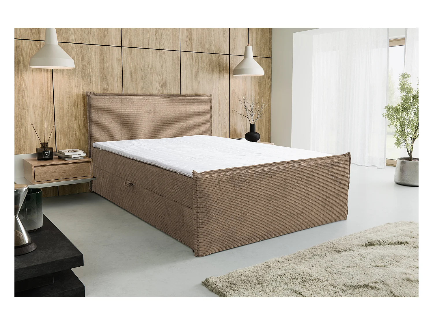 Lit boxspring Vanessa avec 2 coffres de rangement, lit rembourré Dimensions: 160x200, couleur: marron, tissu cordé