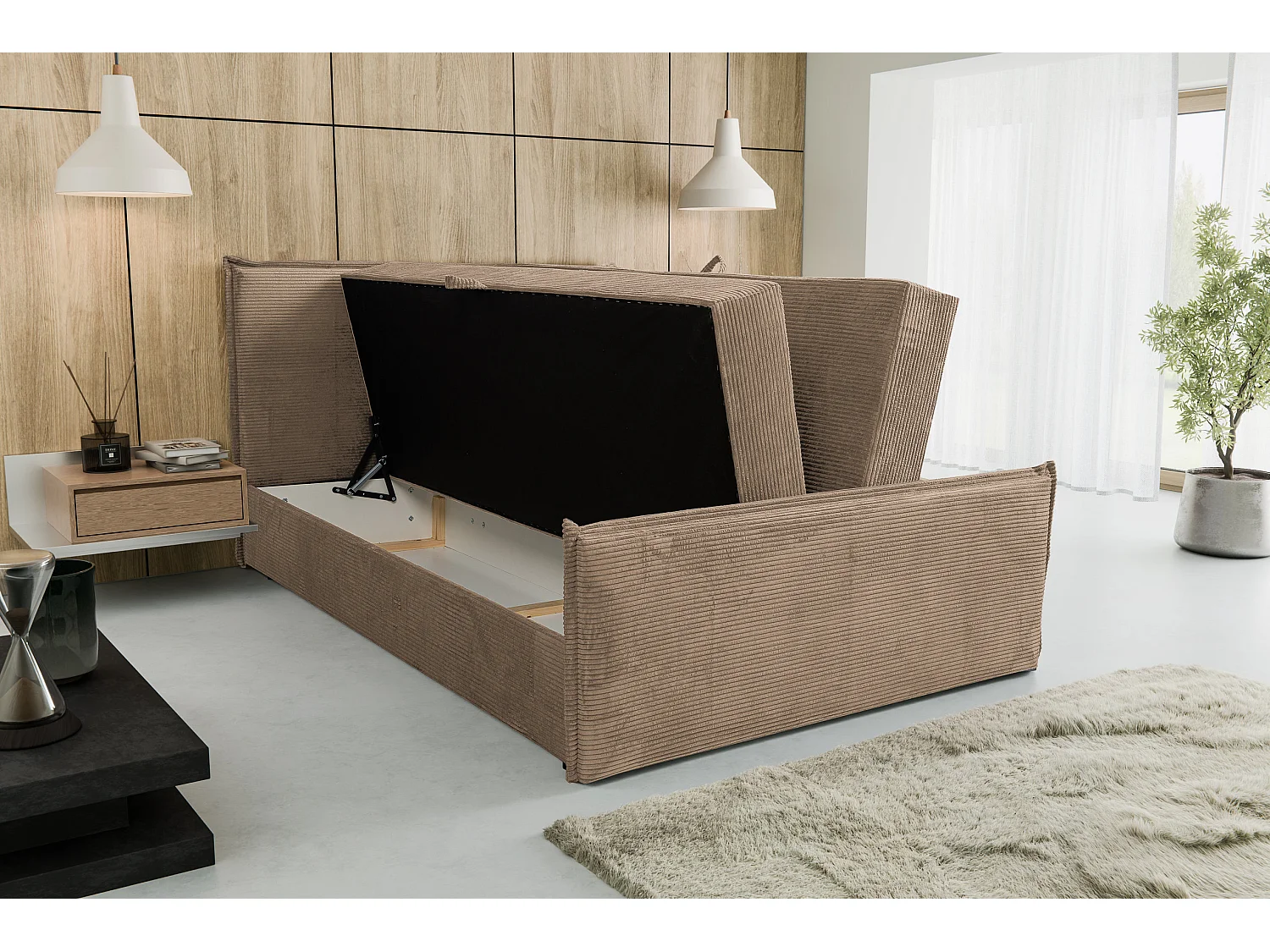 Lit boxspring Vanessa avec 2 coffres de rangement, lit rembourré Dimensions: 160x200, couleur: marron, tissu cordé