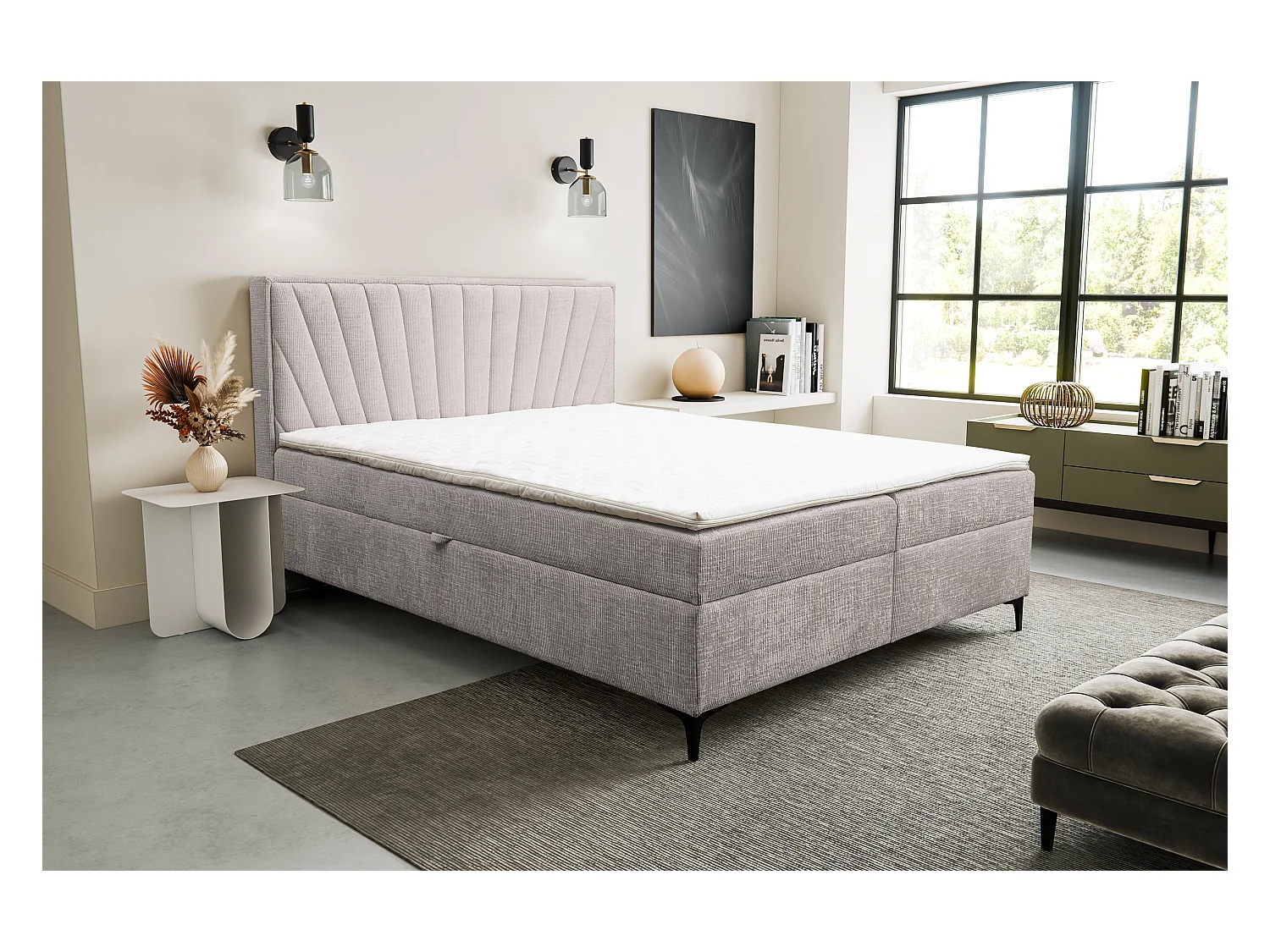Lit boxspring Cimone avec 2 coffres de rangement, lit rembourré Dimensions: 140x200 cm, couleur: beige, tissu velours