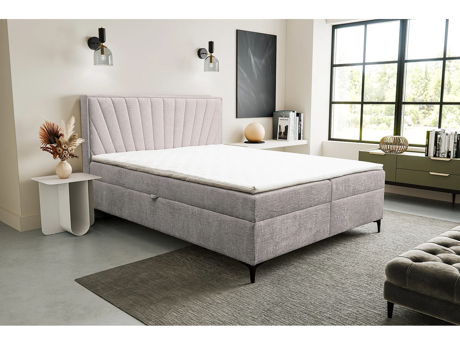 Lit boxspring Cimone avec 2 coffres de rangement, lit rembourré Dimensions: 140x200 cm, couleur: beige, tissu velours