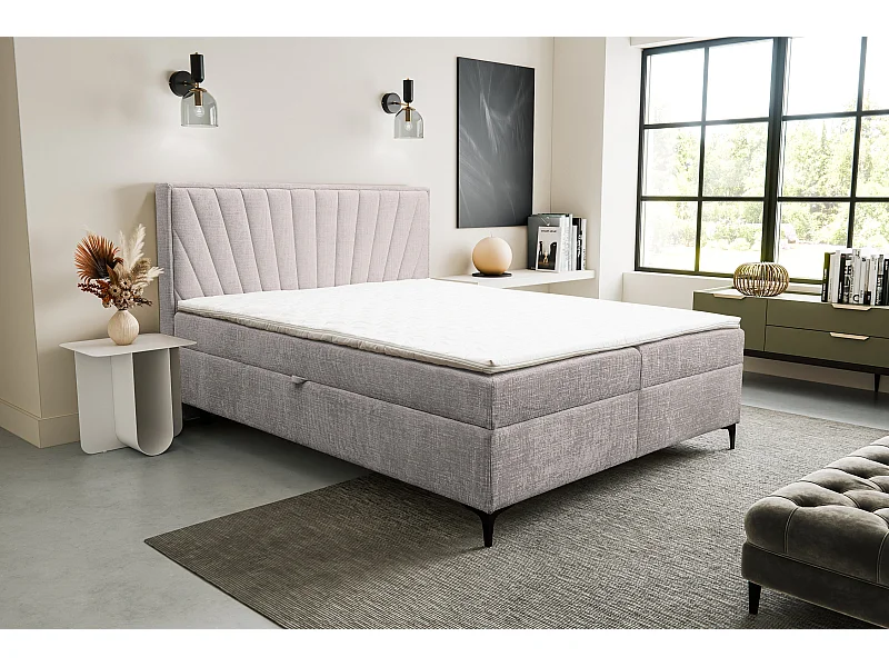 Lit boxspring Cimone avec 2 coffres de rangement, lit rembourré Dimensions: 140x200 cm, couleur: beige, tissu velours