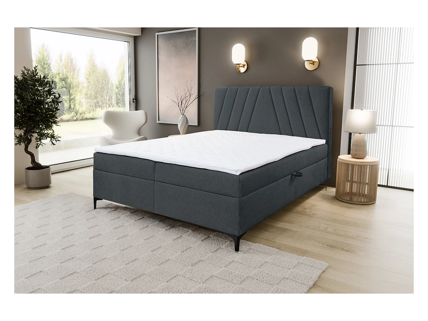 Lit boxspring CAPRI avec 2 coffres de rangement, lit rembourré Dimensions: 180x200 cm, couleur: gris foncé, tissu velours