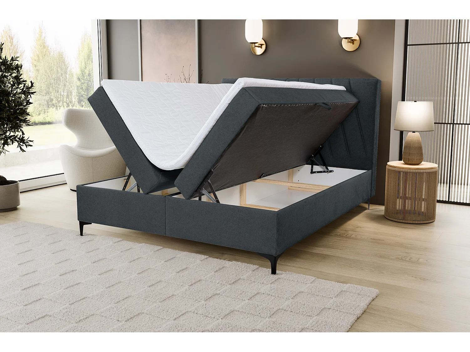 Lit boxspring CAPRI avec 2 coffres de rangement, lit rembourré Dimensions: 180x200 cm, couleur: gris foncé, tissu velours