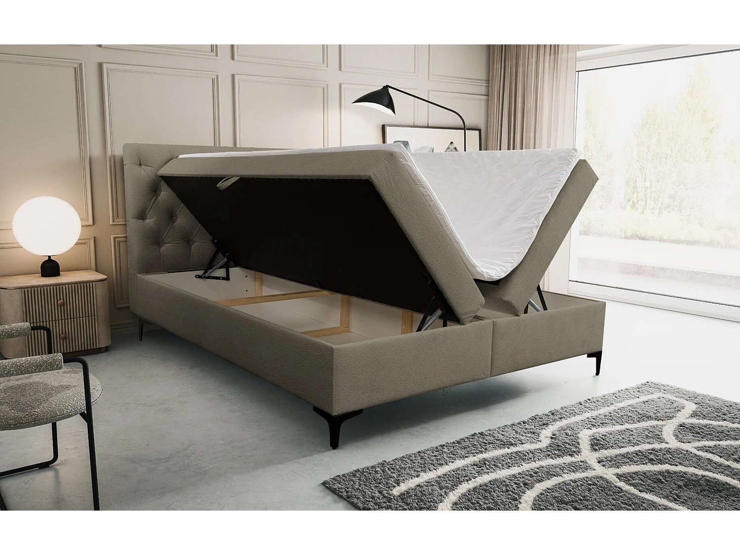 Lit boxspring Calipso avec 2 coffres de rangement, lit rembourré Dimensions: 180x200, couleur: marron, tissu velours