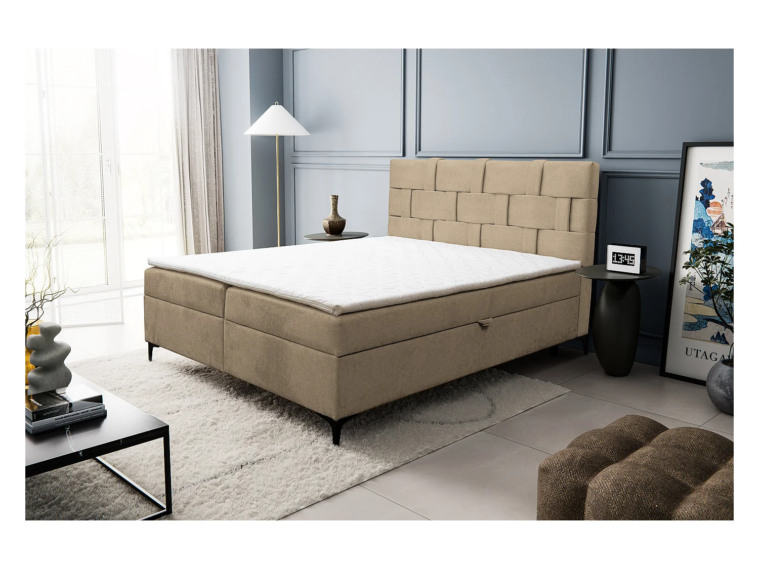 Lit boxspring Charlotte avec 2 coffres de rangement, lit rembourré Dimensions: 160x200 cm, couleur: marron, tissu velours