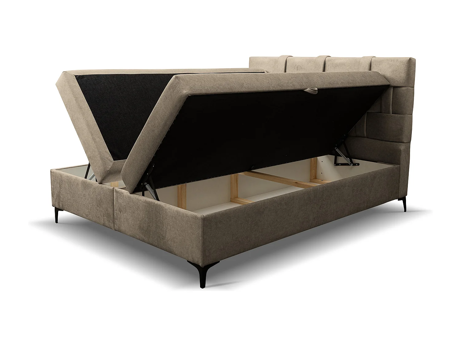 Lit boxspring Charlotte avec 2 coffres de rangement, lit rembourré Dimensions: 160x200 cm, couleur: marron, tissu velours