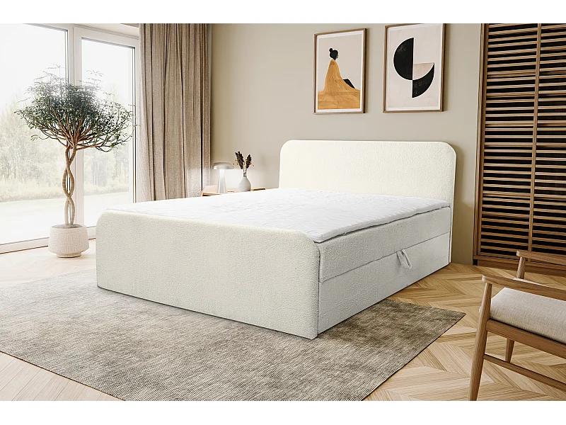 Boxspringbed LAMBI met 2 bedbakken, gestoffeerd bed Afmetingen: 160x200, kleur: beige, bouclé-stof, tweepersoonsbed met bonell-matras incl. topper
