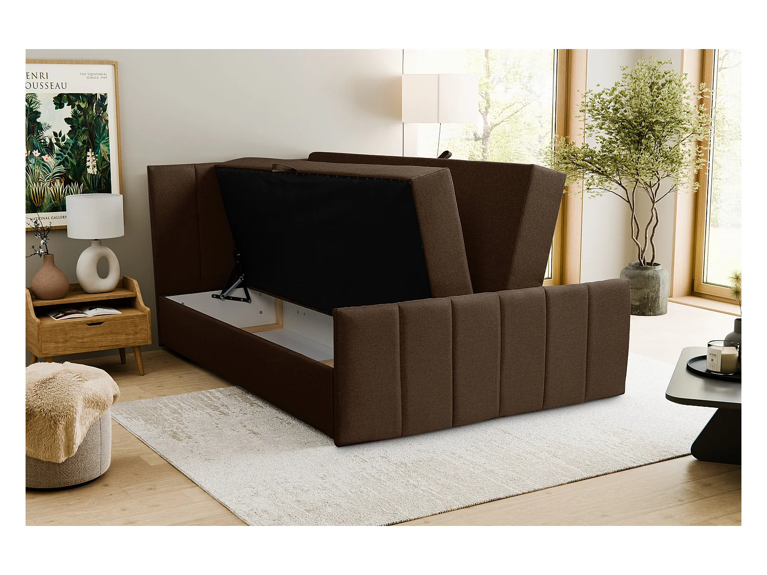 Lit boxspring CLAUDINE avec 2 coffres de rangement, lit rembourré Dimensions: 160x200, couleur: marron, tissu velours