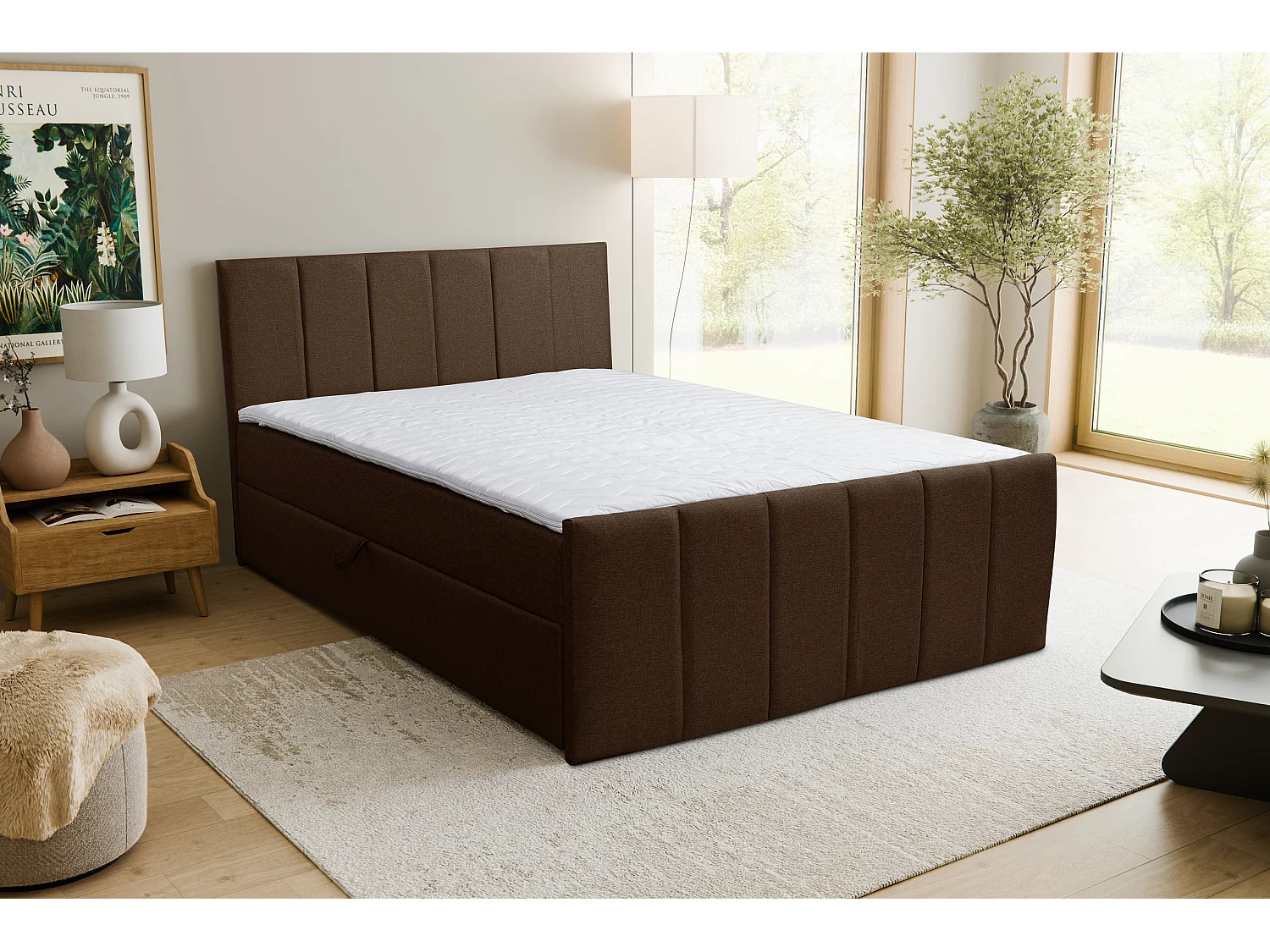 Lit boxspring CLAUDINE avec 2 coffres de rangement, lit rembourré Dimensions: 160x200, couleur: marron, tissu velours