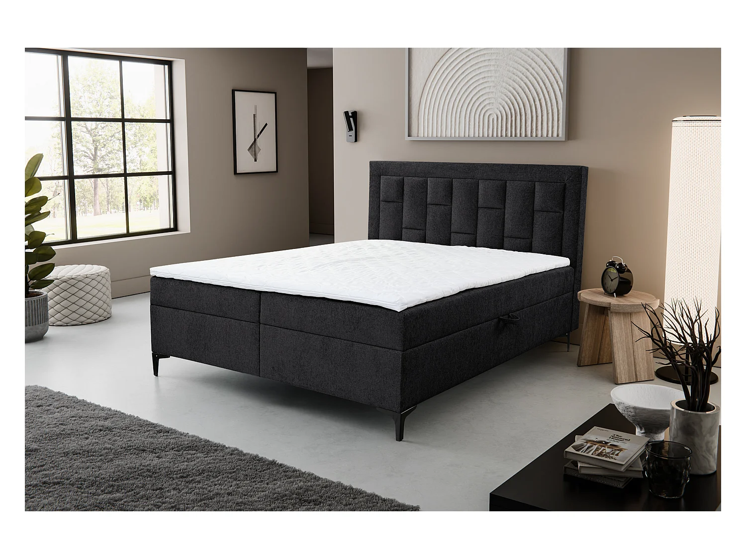 Lit boxspring VENEZIA avec 2 coffres de rangement, lit rembourré Dimensions: 180x200 cm, couleur: noir, tissu velours