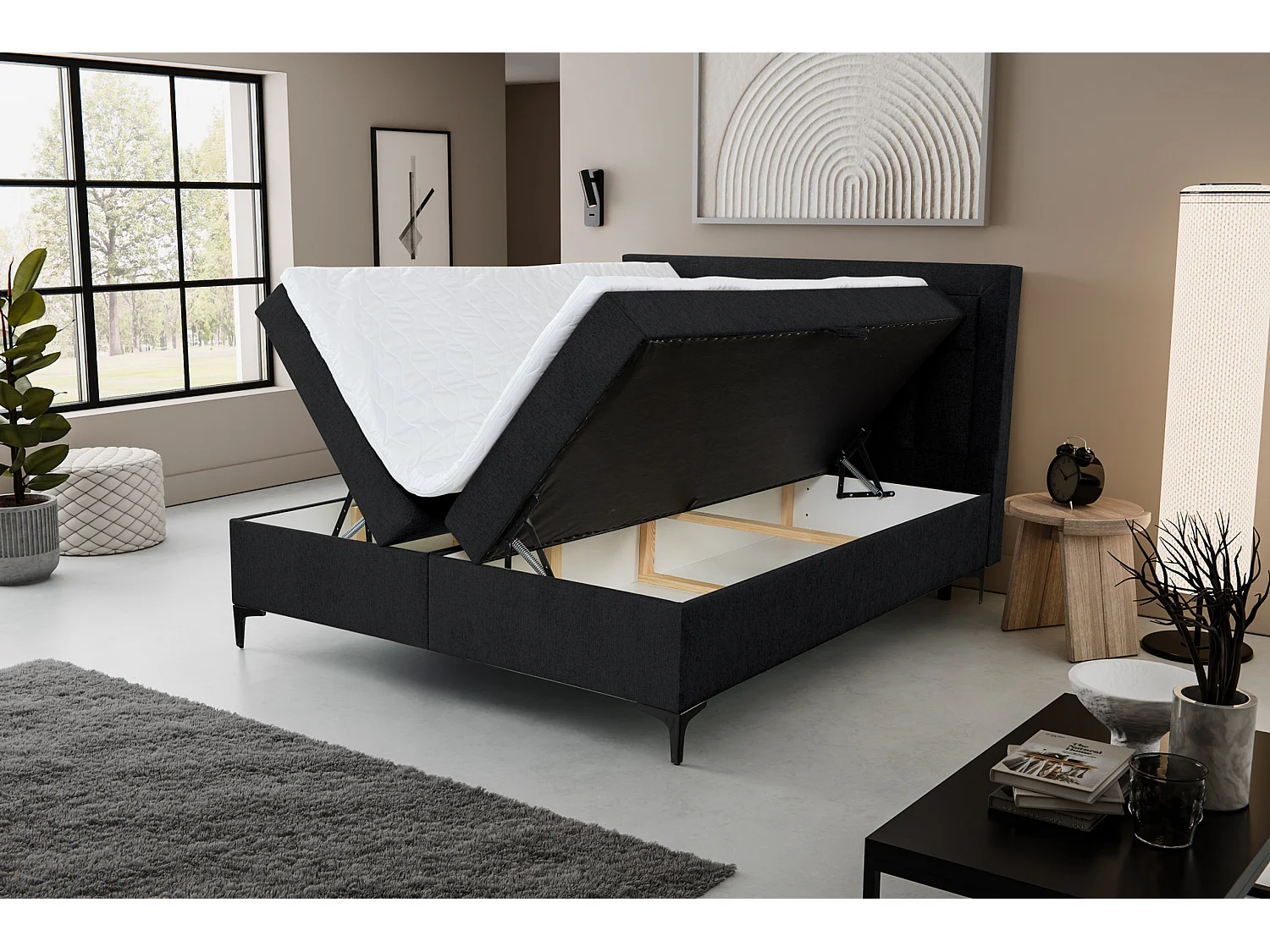 Lit boxspring VENEZIA avec 2 coffres de rangement, lit rembourré Dimensions: 180x200 cm, couleur: noir, tissu velours