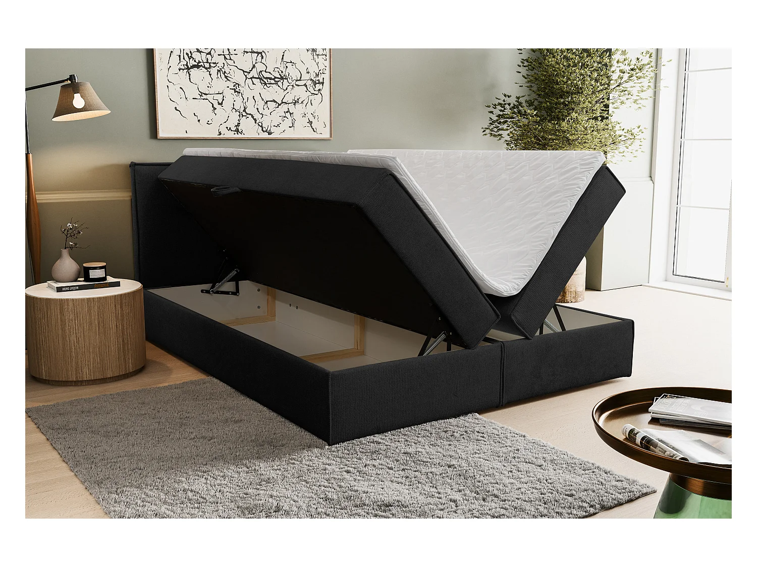 Lit boxspring Calido avec 2 coffres de rangement, lit rembourré Dimensions: 140x200, couleur: noir, tissu structuré