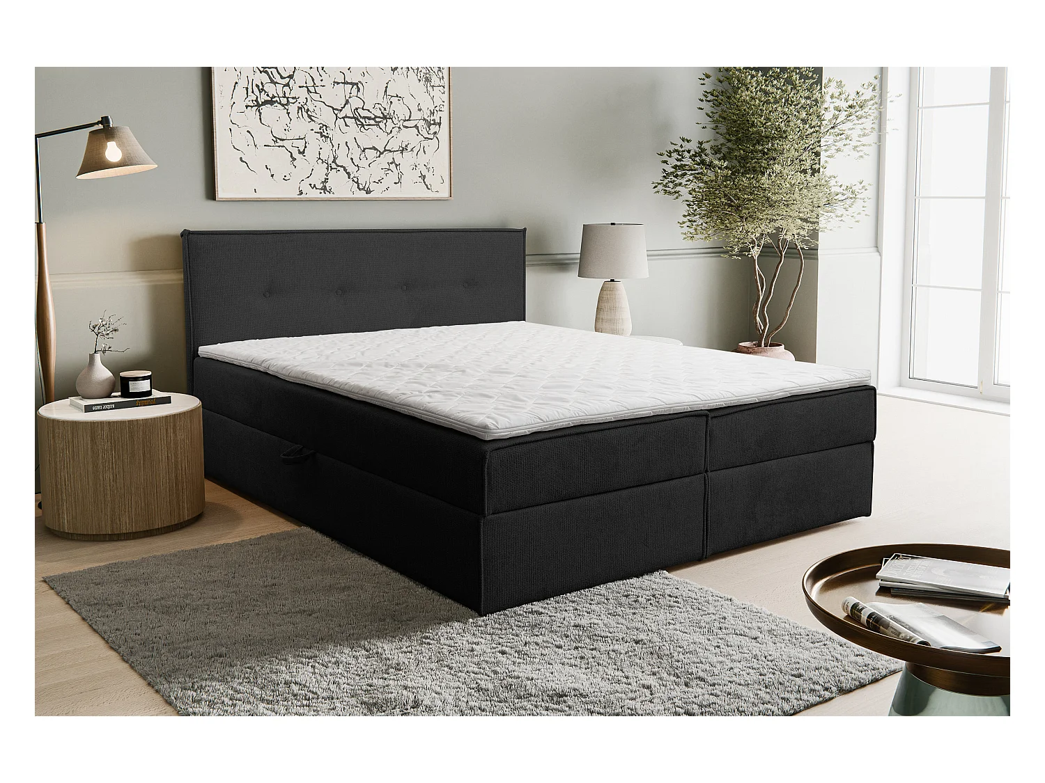 Boxspringbett Calido mit 2 Bettkästen, Polsterbett Maße: 140x200, Farbe: Schwarz, Strukturstoff, Doppelbett mit Bonell-Matratze inkl. Topper