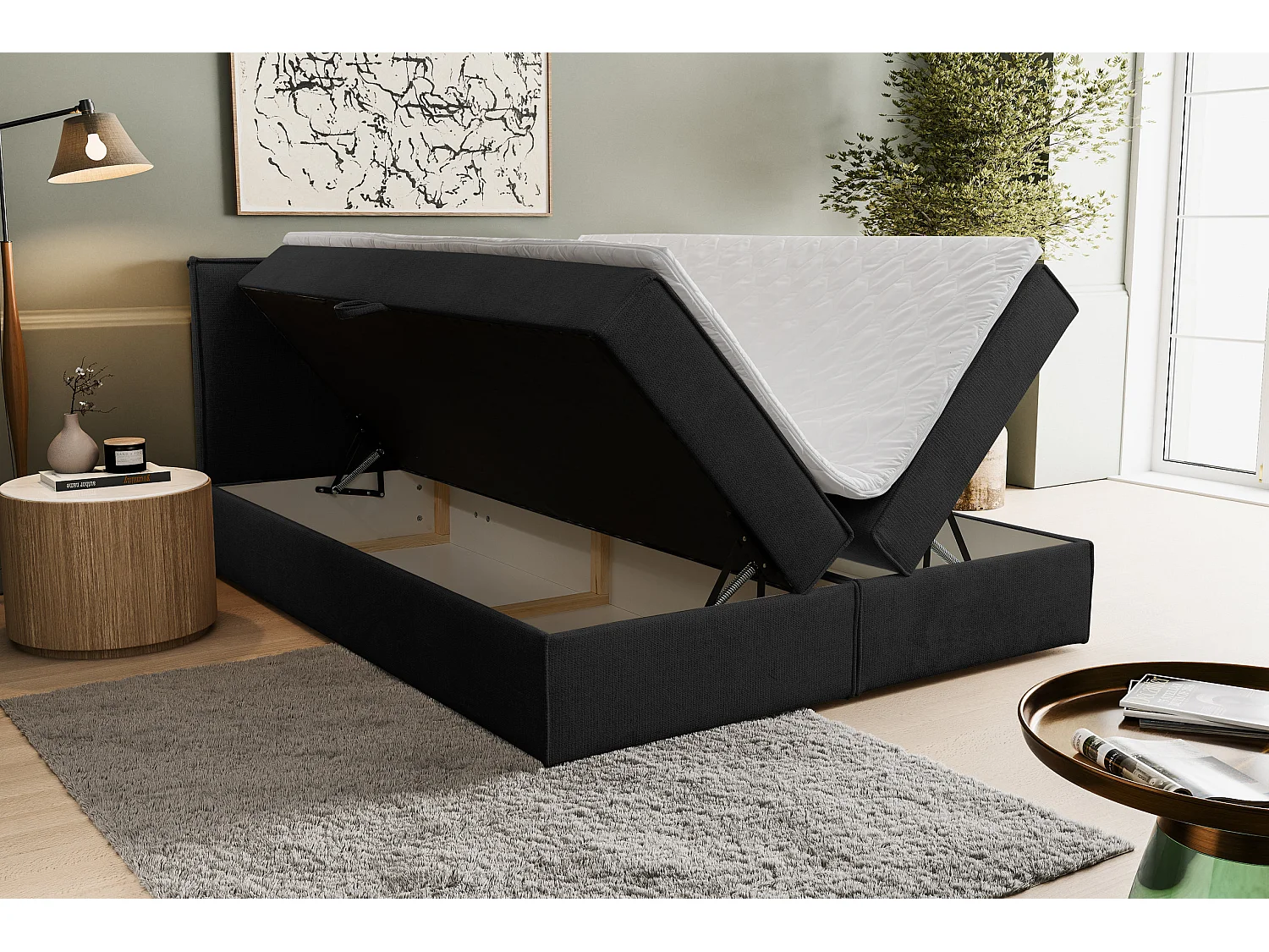 Lit boxspring Calido avec 2 coffres de rangement, lit rembourré Dimensions: 140x200, couleur: noir, tissu structuré