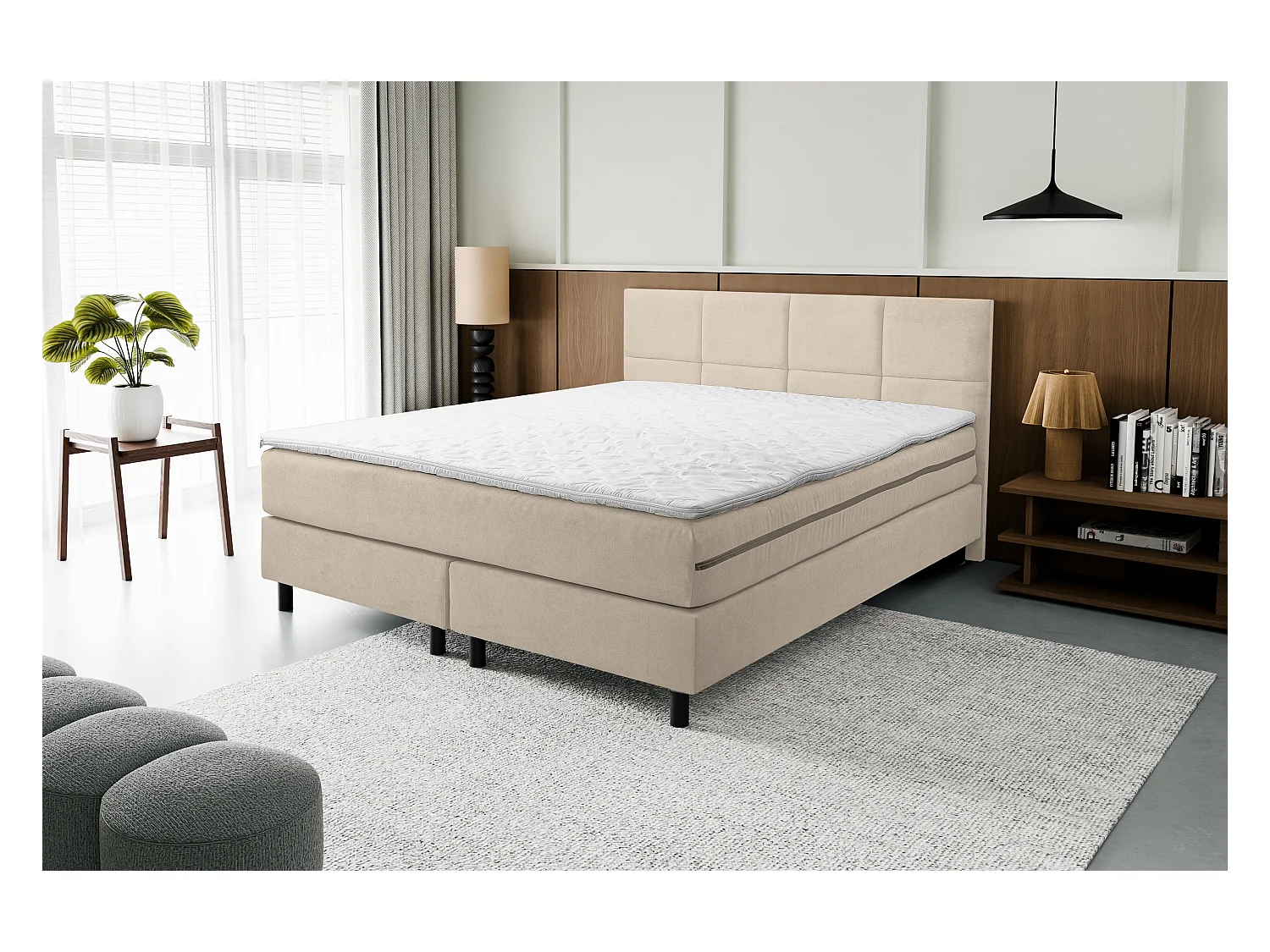 Lit boxspring Kansas, lit rembourré Dimensions : 140x200 cm, couleur : beige, tissu velours, lit double avec matelas Bonell H3 et surmatelas inclus