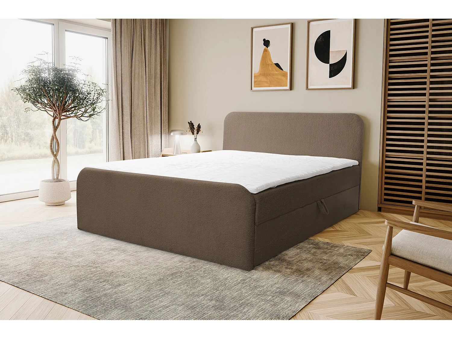 Lit boxspring LAMBI avec 2 coffres de rangement, lit rembourré Dimensions: 180x200, couleur: marron, tissu bouclé