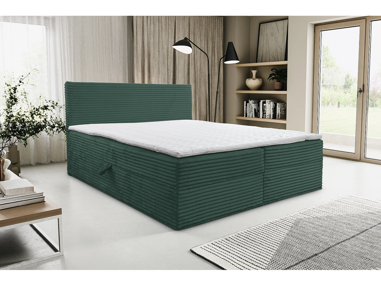 Lit boxspring Tilly avec 2 tiroirs de rangement, lit rembourré Dimensions: 180x200, couleur: vert, tissu cordé