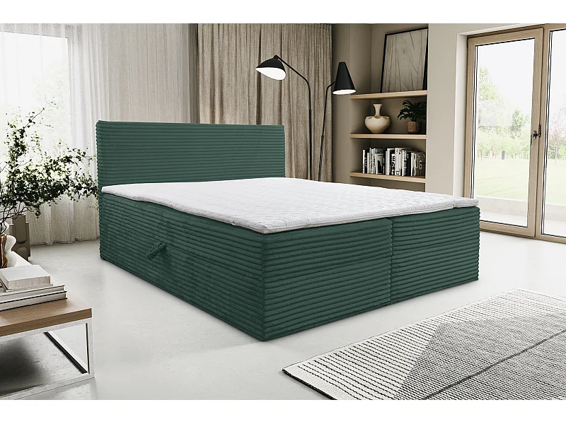 Boxspringbed Tilly met 2 bedbakken, gestoffeerd bed Afmetingen: 160x200, kleur: groen, corduroy, tweepersoonsbed met Bonell-matras incl. topper