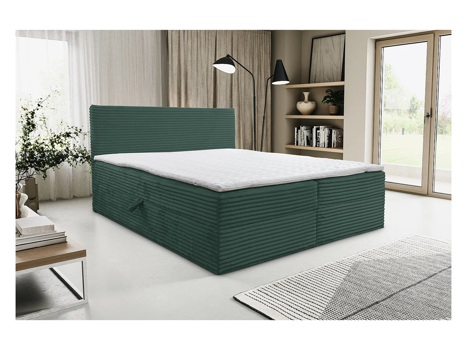 Lit boxspring Tilly avec 2 tiroirs de rangement, lit rembourré Dimensions: 160x200, couleur: vert, tissu cordé