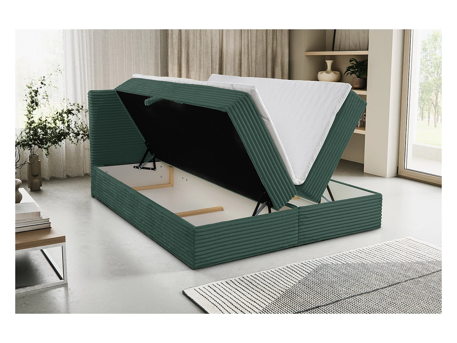 Lit boxspring Tilly avec 2 tiroirs de rangement, lit rembourré Dimensions: 160x200, couleur: vert, tissu cordé