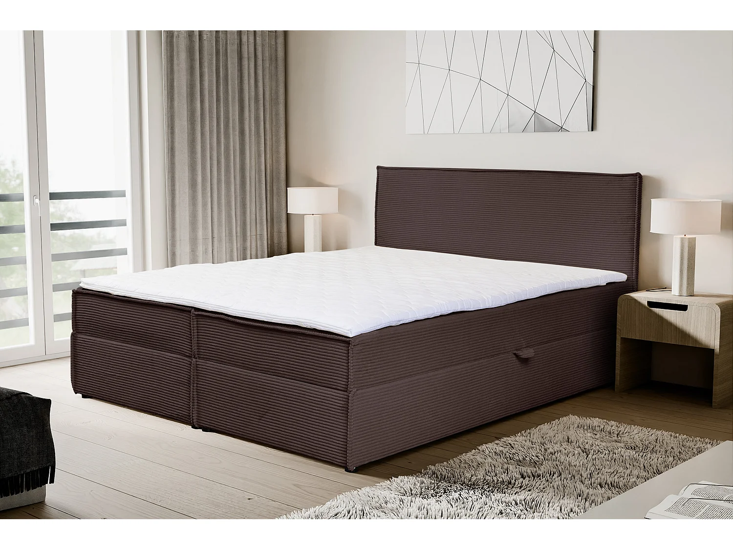 Lit boxspring GLORIA avec 2 coffres de rangement, lit rembourré Dimensions: 180x200, couleur: marron, tissu cordé