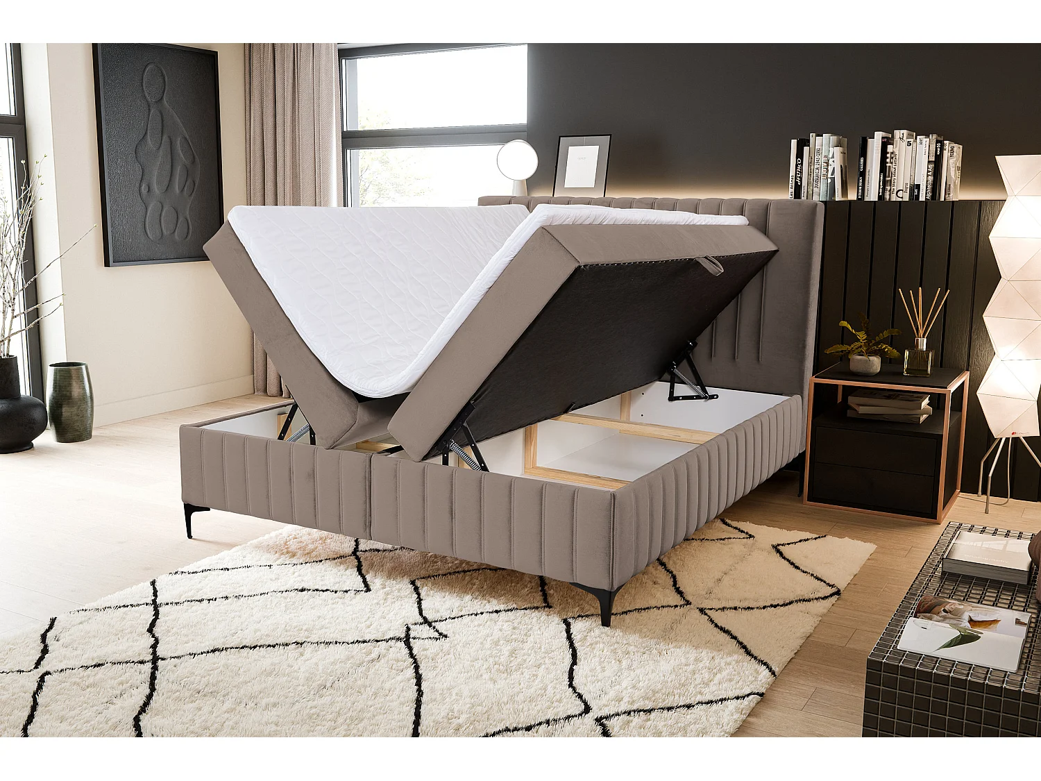 Lit boxspring QUANT avec 2 coffres de rangement, lit rembourré Dimensions: 160x200, couleur: marron, tissu velours