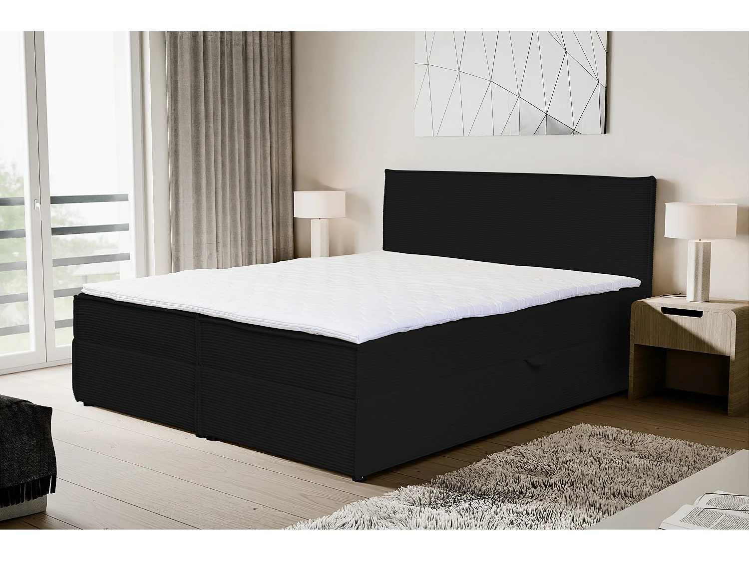 Lit boxspring GLORIA avec 2 coffres de rangement, lit rembourré Dimensions: 160x200, couleur: noir, tissu velours côtelé