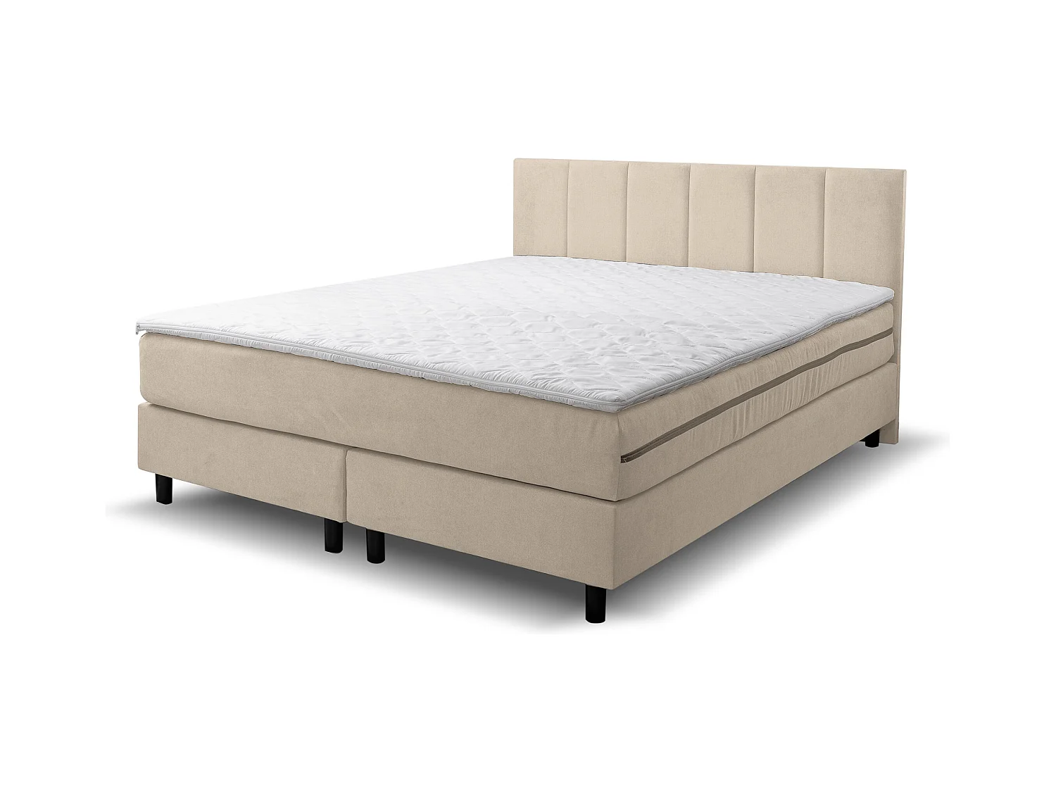 Lit boxspring Paris, lit rembourré Dimensions : 140x200 cm, couleur : beige, tissu velours, lit double avec matelas Bonell H3 et surmatelas inclus