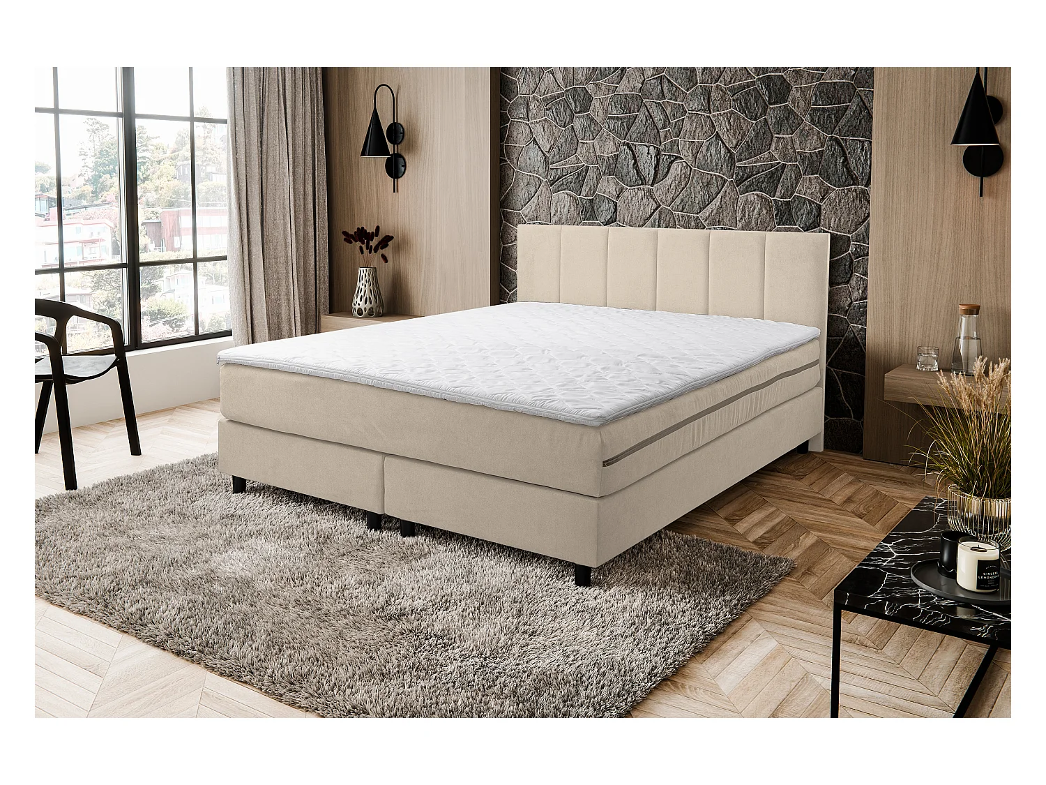 Lit boxspring Paris, lit rembourré Dimensions : 140x200 cm, couleur : beige, tissu velours, lit double avec matelas Bonell H3 et surmatelas inclus