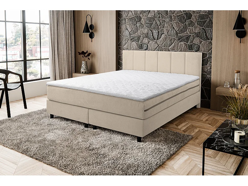 Lit boxspring Paris, lit rembourré Dimensions : 140x200 cm, couleur : beige, tissu velours, lit double avec matelas Bonell H3 et surmatelas inclus