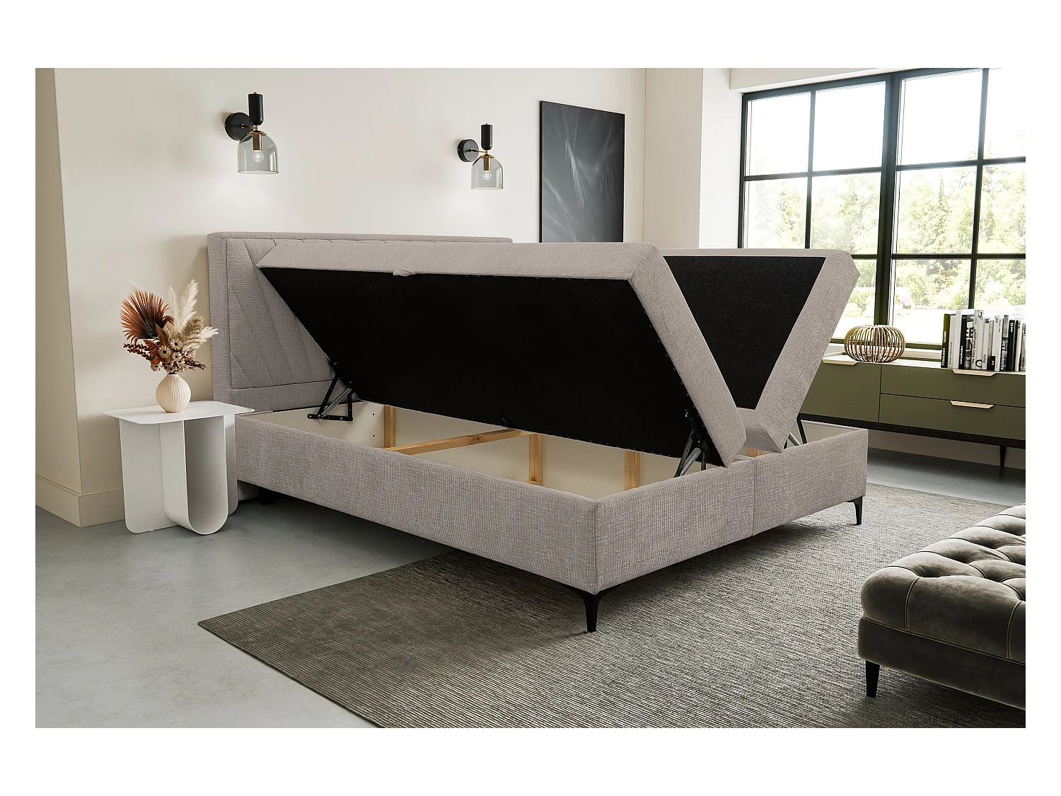 Lit boxspring Cimone avec 2 coffres de rangement, lit rembourré Dimensions: 160x200 cm, couleur: marron clair, tissu velours