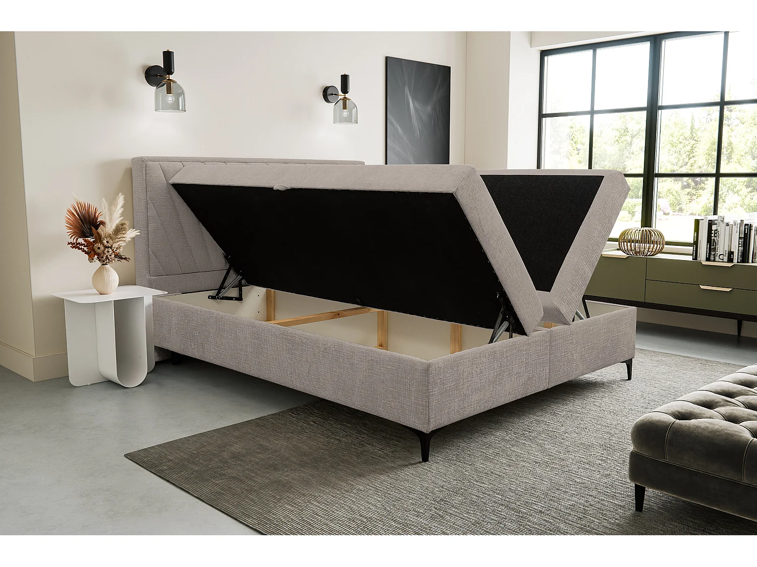 Lit boxspring Cimone avec 2 coffres de rangement, lit rembourré Dimensions: 160x200 cm, couleur: marron clair, tissu velours