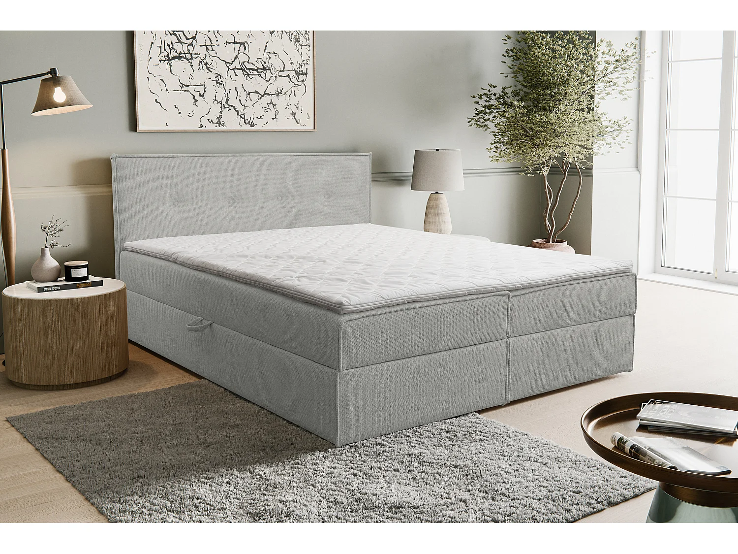 Lit boxspring Calido avec 2 coffres de rangement, lit rembourré Dimensions: 160x200, couleur: gris, tissu structuré