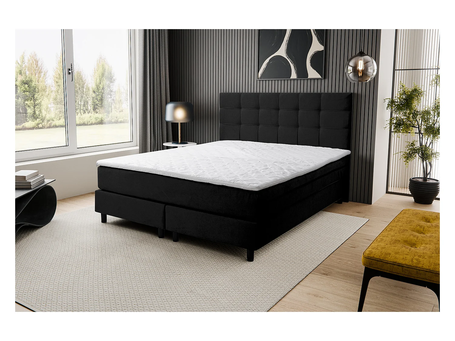Lit boxspring BOSS, lit rembourré Dimensions : 140x200 cm, couleur : noir, tissu velours, lit double avec matelas Bonell H3 et surmatelas inclus