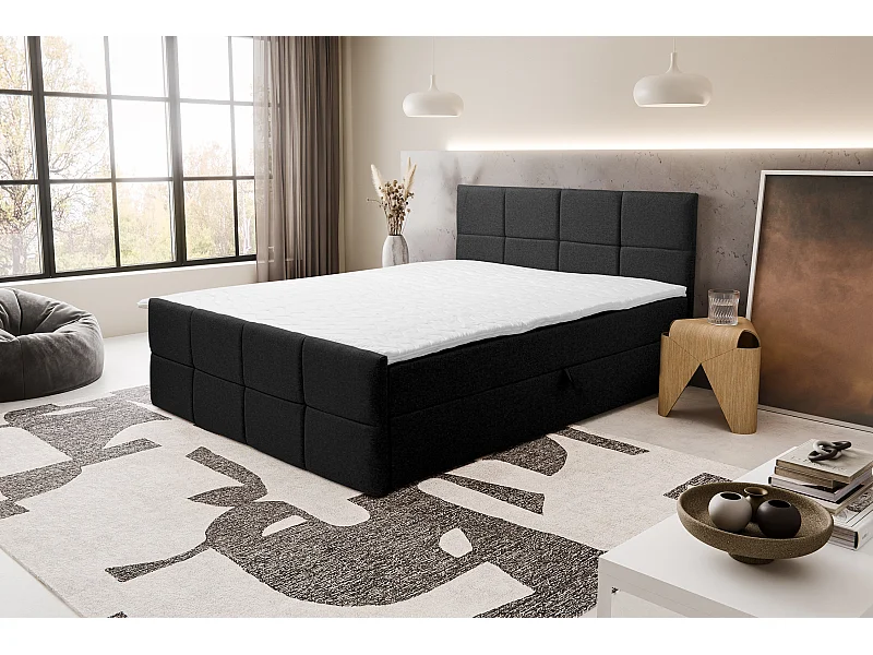 Boxspringbed DORIS met 2 bedbakken, gestoffeerd bed Afmetingen: 140x200, kleur: zwart, veloursstof, tweepersoonsbed met Bonell-matras incl. topper